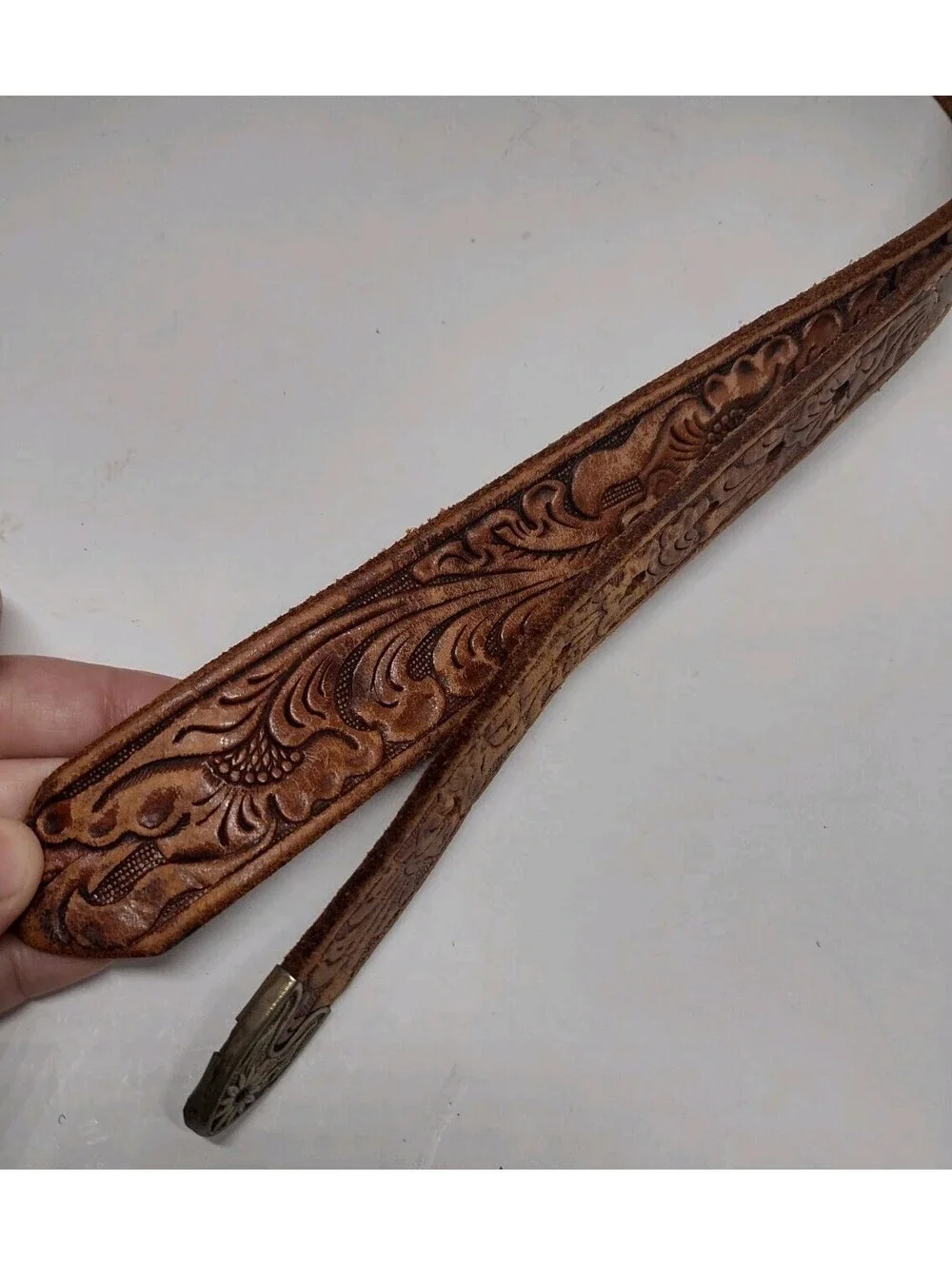 Vintage 80s Justin Western Ranger Belt Tooled Leather Brass Floral Red Stones 30
